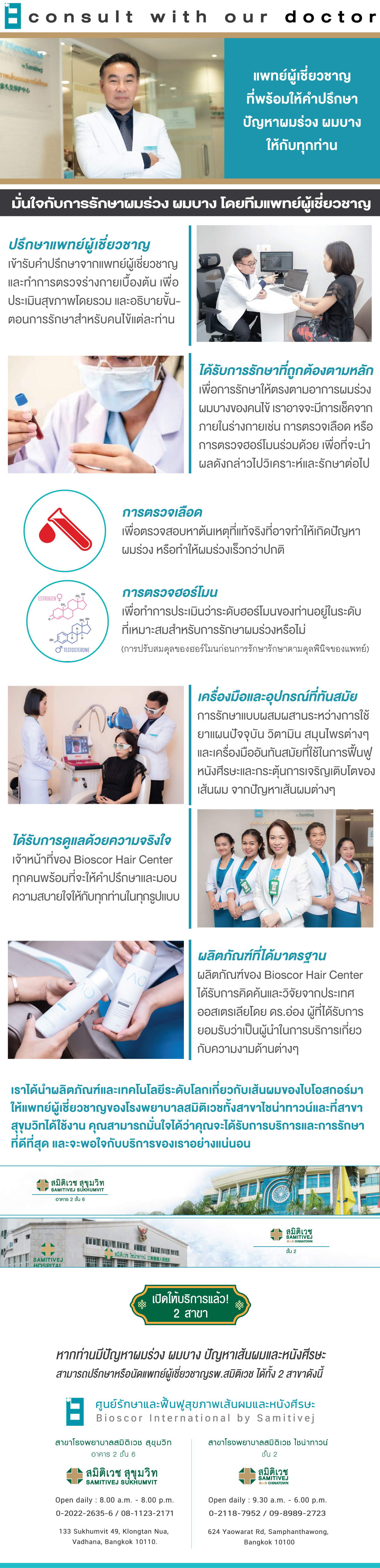 กราฟฟิกอินโฟ สำหรับ แนะนำการรักษากับ Bioscor โดยแพทย์ผู้เชี่ยวชาญด้านเส้นผม การรักษาผมร่วง ผมบาง